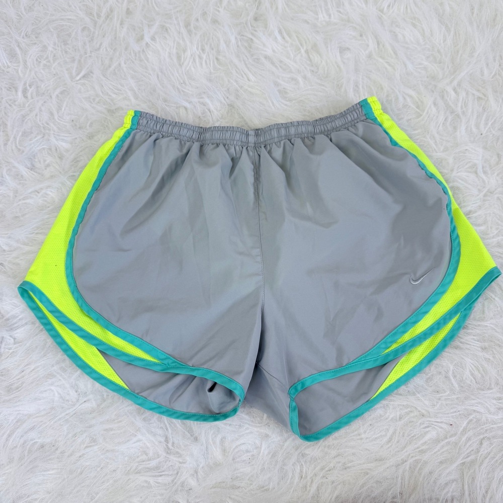 Nike Dri-FIT Tempo Running Shorts Gray Neon Yellow Teal Trim Womens Medium